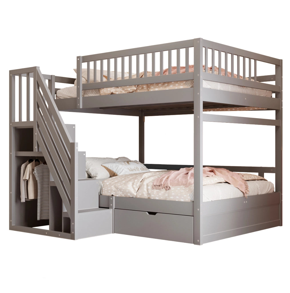 Letto a castello in legno massello 140x200 cm grigio con scala contenitore e cassetti