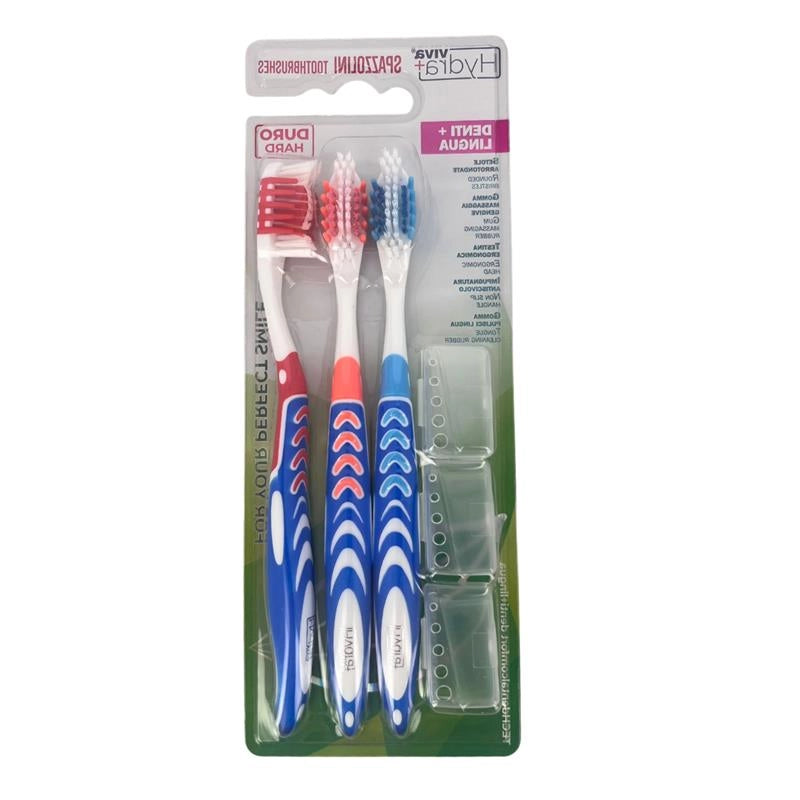 HYDRA VIVA SET 3 SPAZZOLINI DENTI + LINGUA SETOLE ARROTONDATE GOMMA MASSAGGIA GENGIVE TESTINA ERGONOMICA IMPUGNATURA ANTISCIVOLO COLORI ASSORTITI