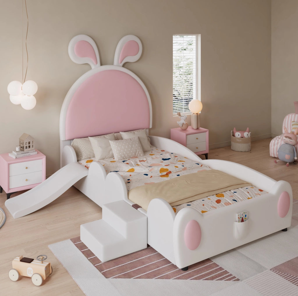 Letto imbottito per bambini con scivolo e scaletta 90x200 cm