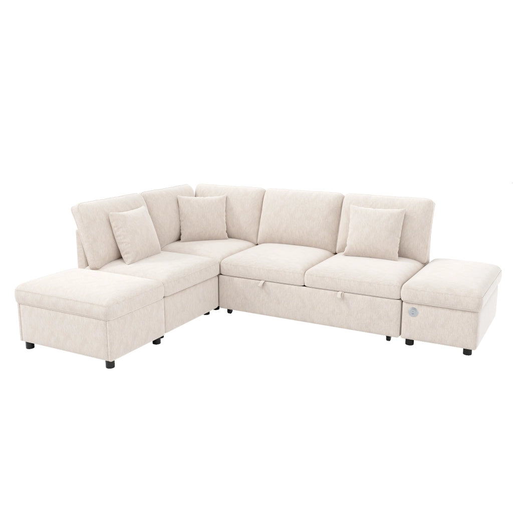 Divano angolare modulare a L con letto estraibile, 6 posti, con pouf contenitore, pannello USB/Type-C, 3 cuscini, tessuto Chenille beige
