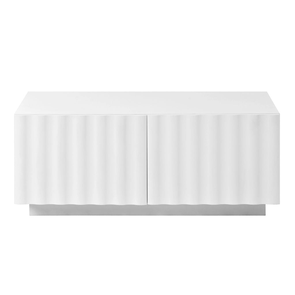 Tavolino basso moderno con 2 cassetti e frontale effetto onda per soggiorno in MDF e pannello truciolare bianco