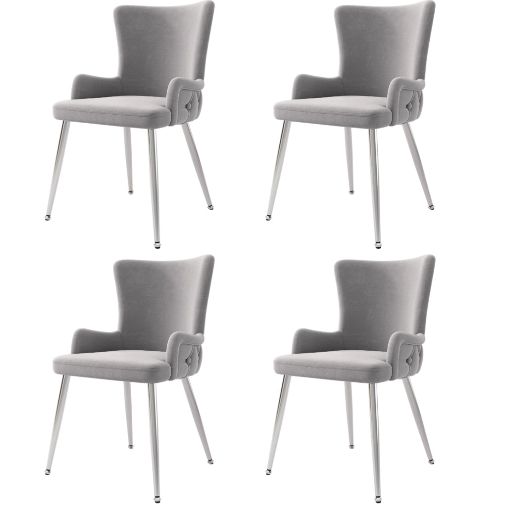 Set di 4 sedie da pranzo in velluto grigio con gambe in metallo argento