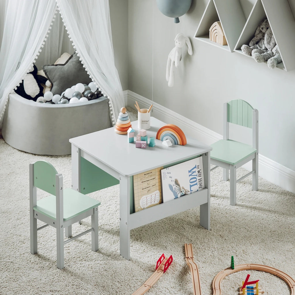 Tavolo Per Bambini Con 2 Sedie, Set Tavolo E 2 Sedie Per Bambini, Scrivania Per Bambini Con 2 Ripiani Laterali Per Libri Grigio Chiaro E Verde, KMB88-HG SoBuy