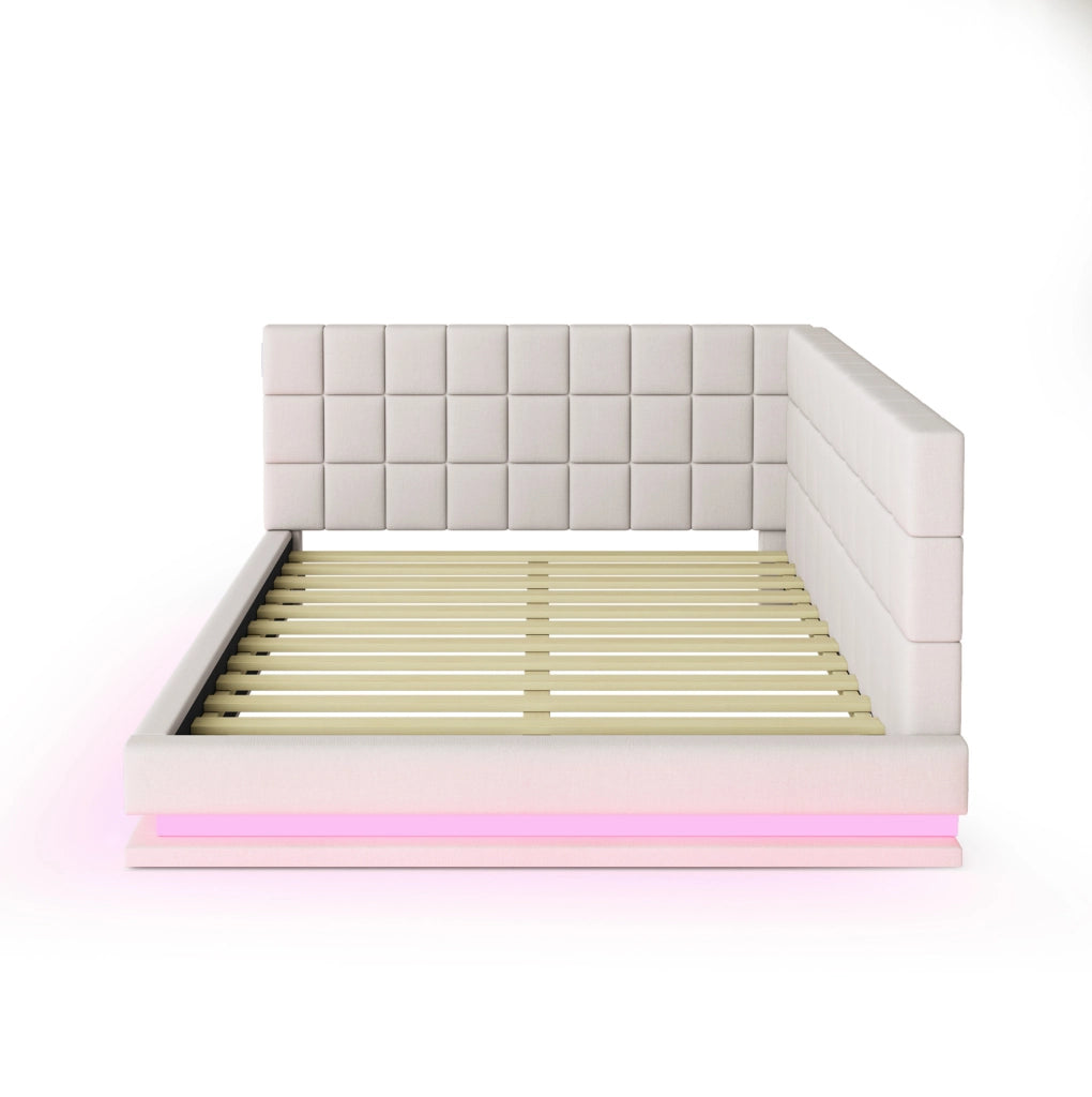 Divano letto imbottito 140x200 cm beige con LED e USB