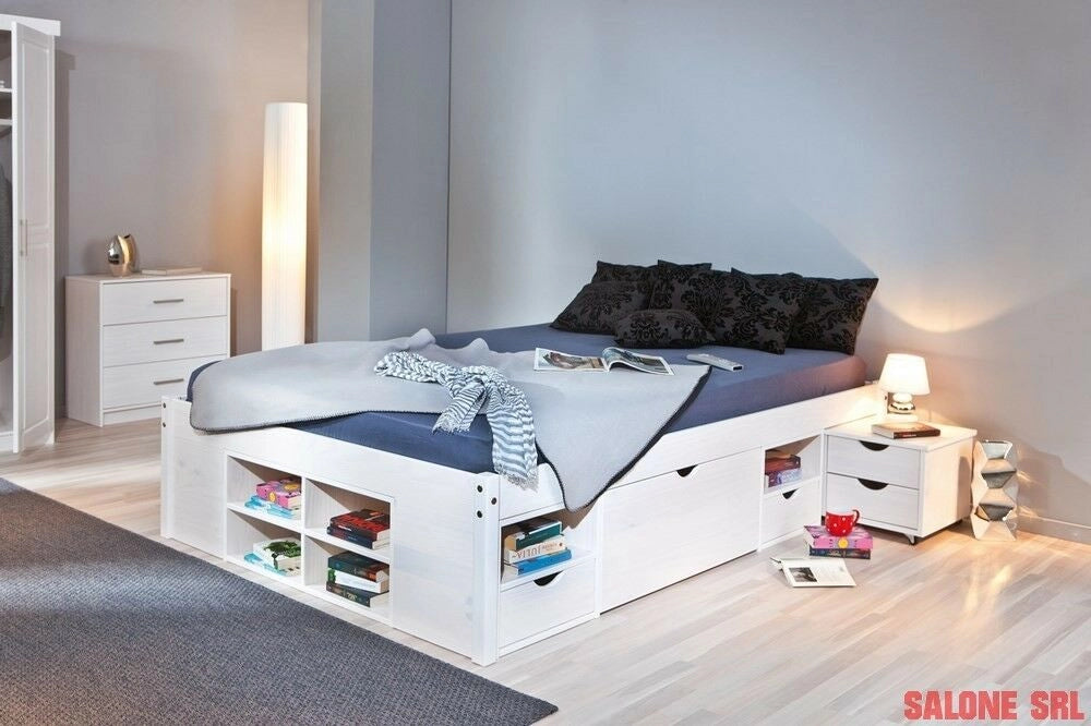 LETTO TILL + VANI CONTENITORE + COMODINO CON RUOTE 146x209x47,5H PINO MASSELLO VERNICIATO AD ACQUA BIANCO DOGHE INCLUSE