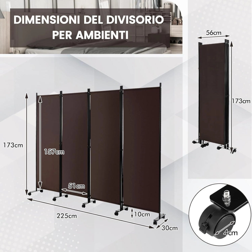 Separé Divisorio Interno 3/4/6 Ante, Paravento da Esterno ed Interno con Piedini, Pannelli Divisori per Ufficio, Salotto e Camera da Letto, Marrone, 225 x 173 cm, 4 Pannelli con ruote