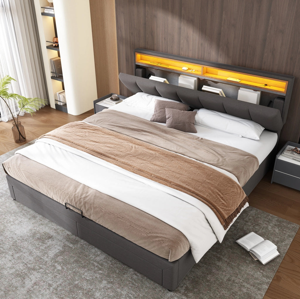 Letto imbottito 160x200 cm con LED; rete a doghe; vano contenitore; lino grigio scuro