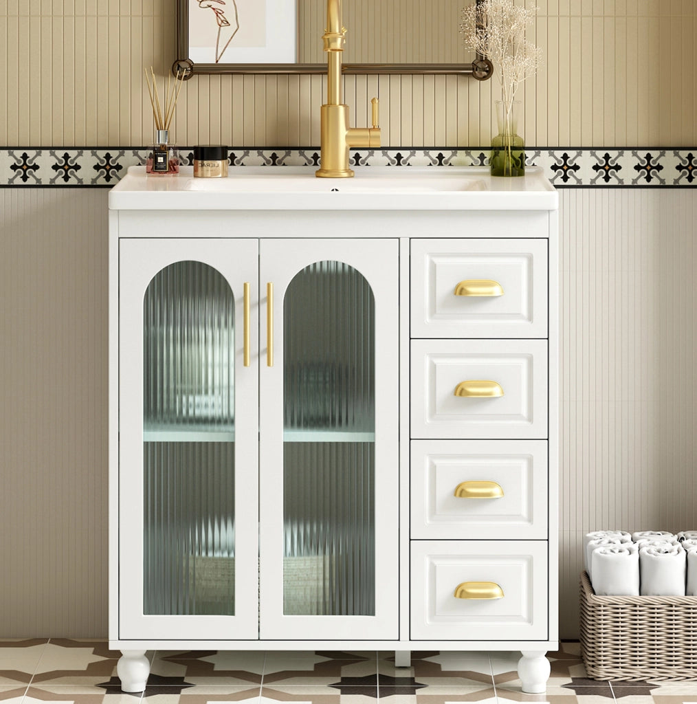 Mobile bagno con lavabo 80 cm in MDF bianco con lavabo in porcellana e 3 cassetti
