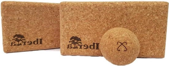 Set di blocchi yoga da 2 + 1 pallina di massaggio per fascia 65 mm di kurk vegan.