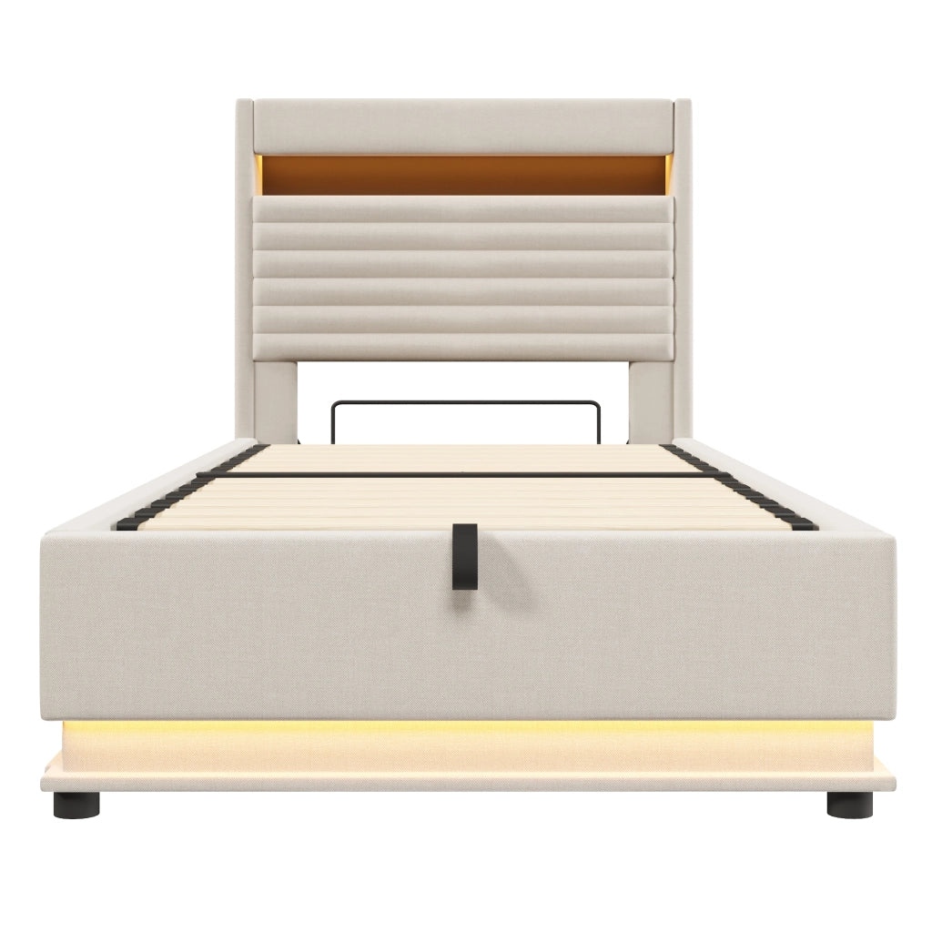 Letto Contenitore Singolo 90x200 cm con USB; Type-C; LED Regolabile e Testiera Beige