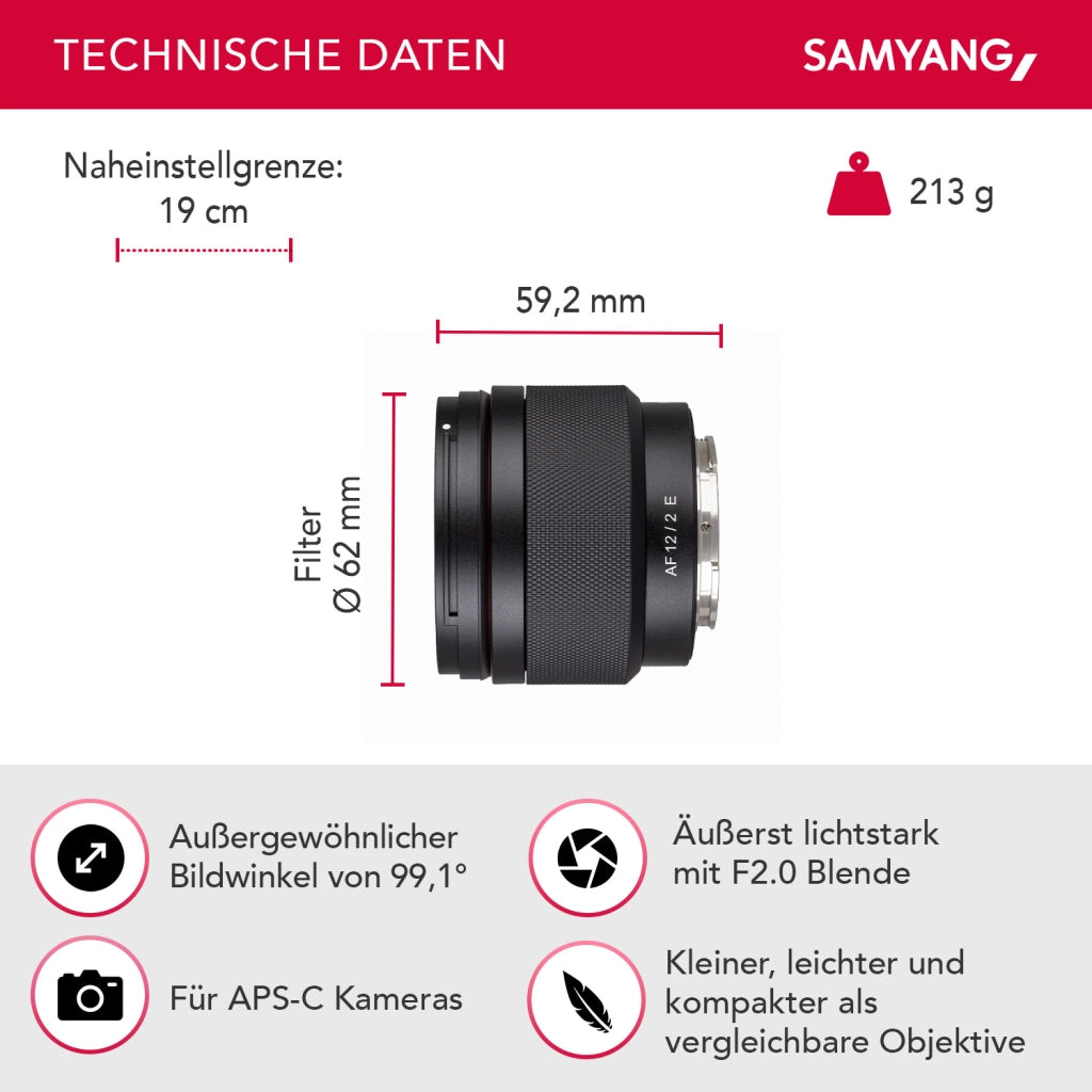 AF 12mm Obiettivo fotografico grandangolare con Lens-Station per Sony E - apertura F2.0, autofocus APS-C a focale fissa per fotocamere