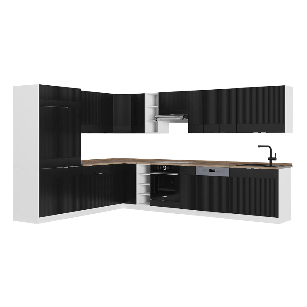 Cucina angolare completa Fame-Line Nero rigato/Bianco 347 x 60 cm, PL Rovere Vicco