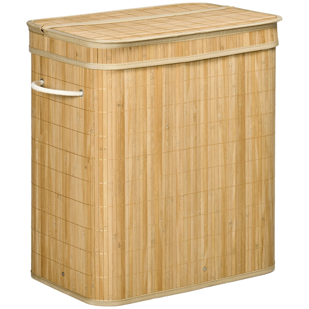 Cesto portabiancheria in bambù con coperchio, 2 scomparti e sacco interno rimovibile, 90 L, 54,2 x 35,2 x 59,5 cm