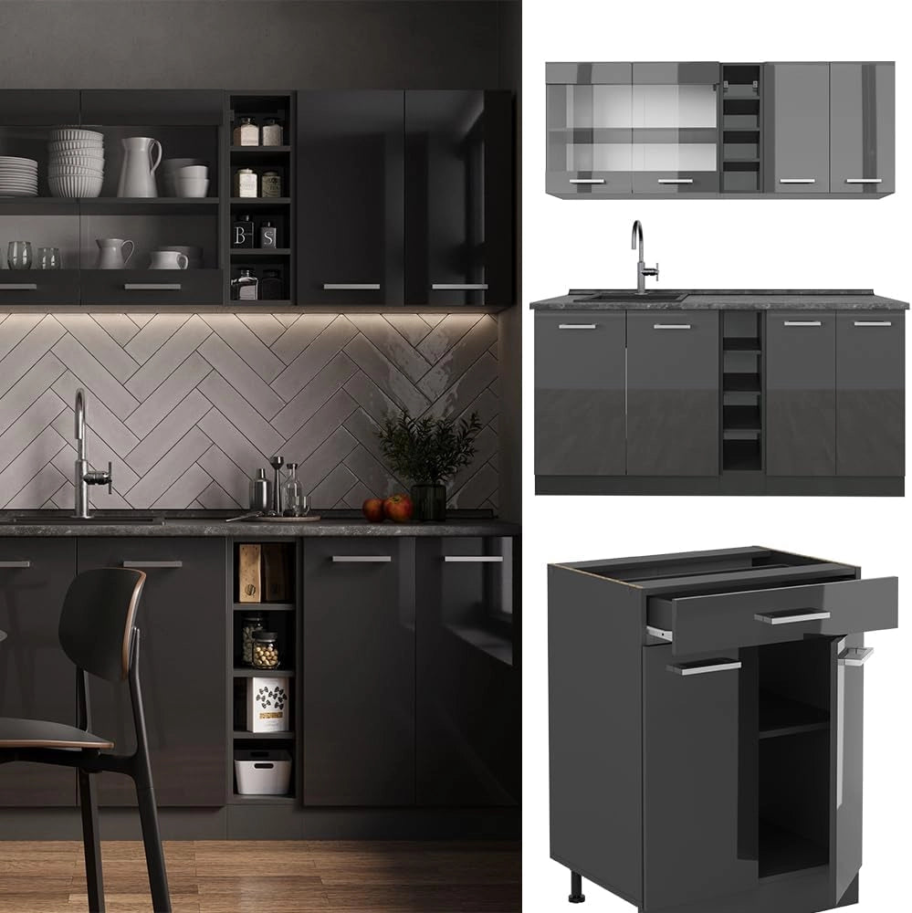 Cucina completa R-Line, Antracite lucido/antracite, 160 cm, PL Rovere, adatto per l'espansione individuale con moduli aggiuntivi