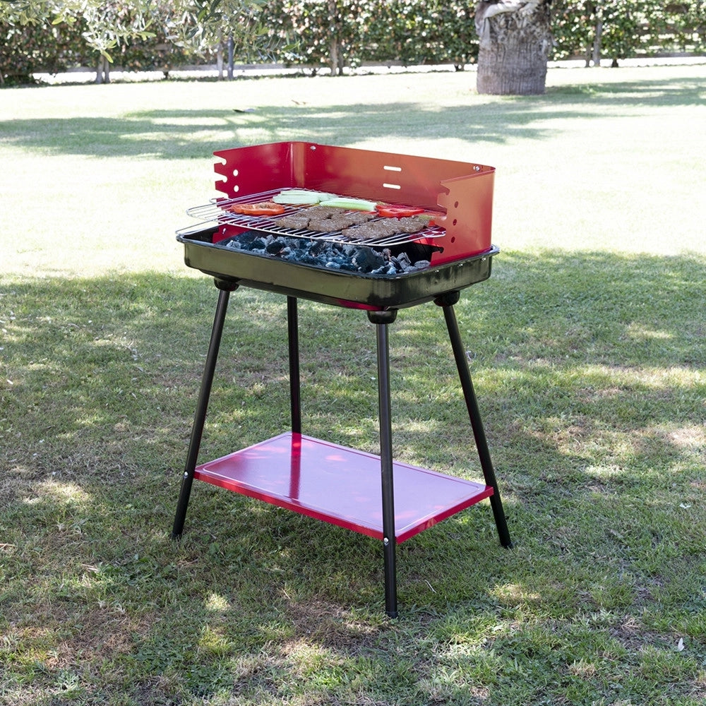 Trade Shop - Barbecue A Carbonella Con Griglia Regolabile In Acciaio Paravento Ripiano H82x58x38cm -