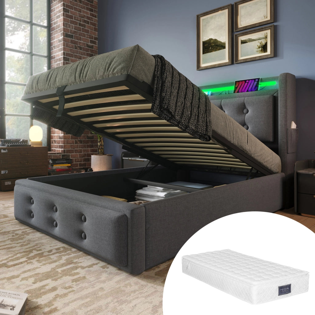 Polsterbett 90x200 mit USB-C; LED und Stauraum; Baumwoll-Leinen; Grau
