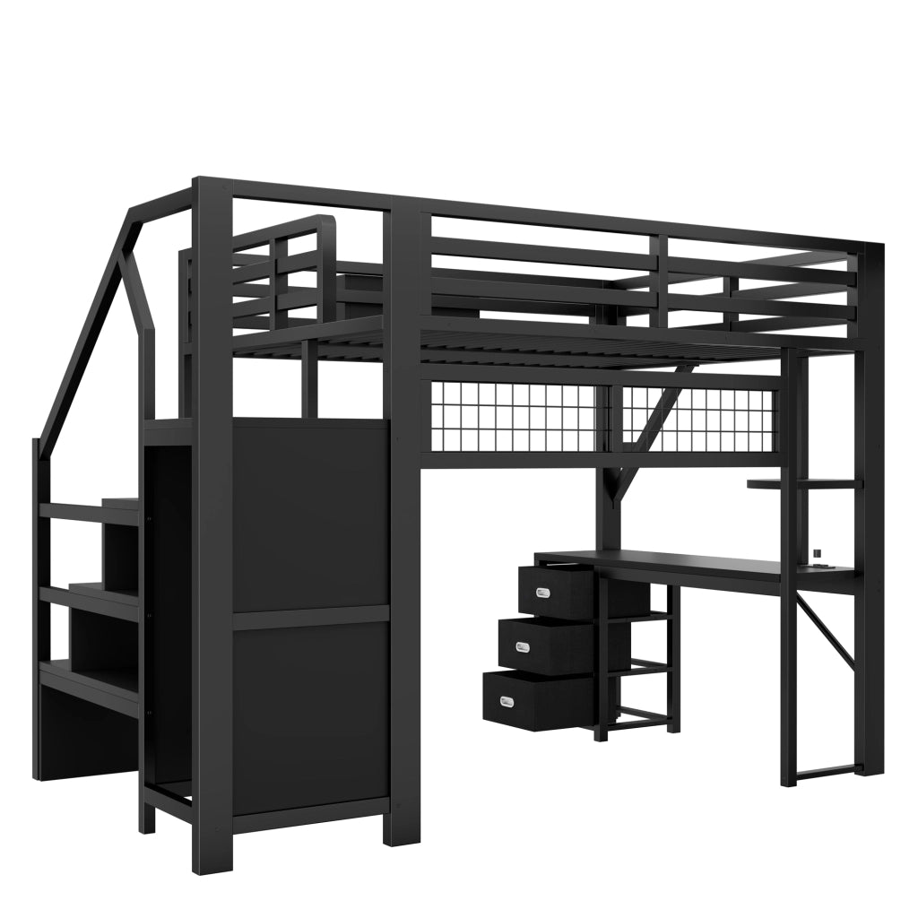 Letto a soppalco in metallo 140x200 cm con scrivania; 3 cassetti; mensole; armadio/guardaroba e LED; nero