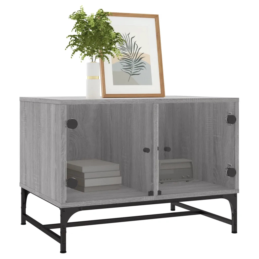 Tavolino Salotto con Ante in Vetro-Tavolino da soggiorno-Tavolo Grigio Sonoma 68,5x50x50 cm