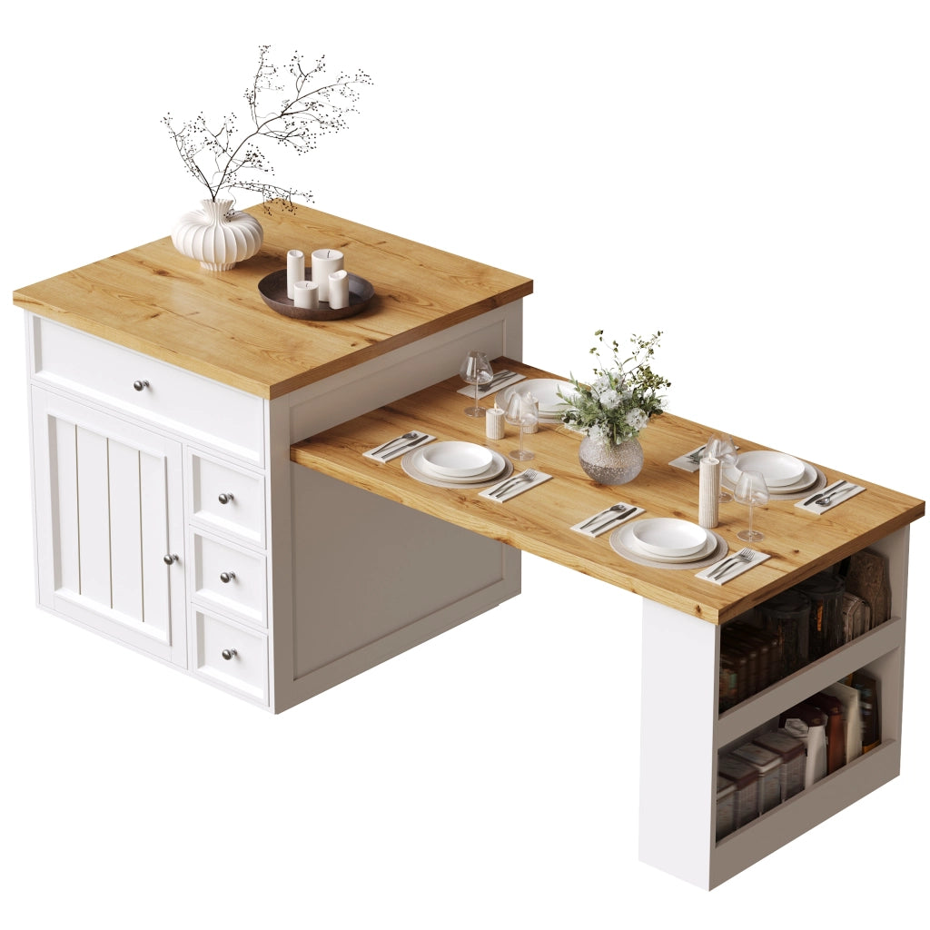 Isola Cucina Allungabile con Cassetti e Ruote ¨C MINIMAL ¨C Bianco, Piano Effetto Legno, 120-184 cm