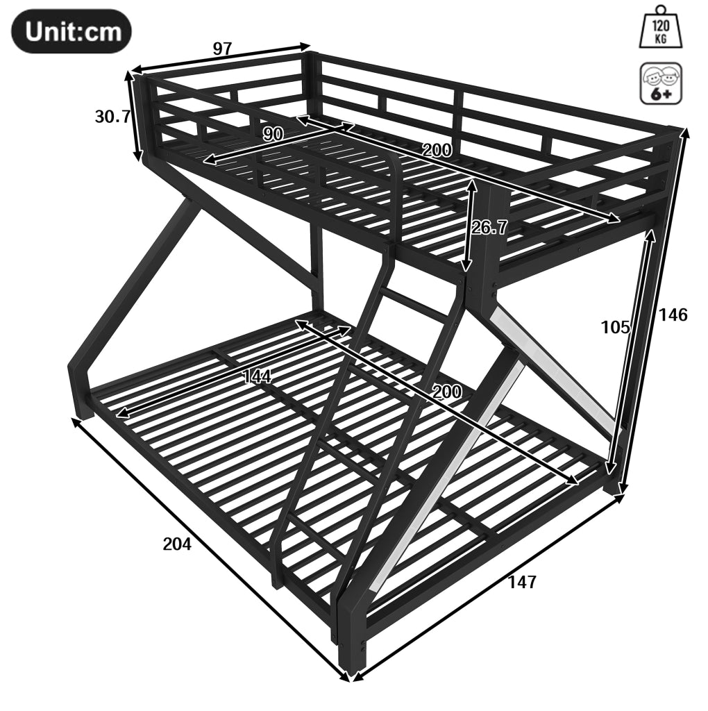 Letto a castello in metallo con LED; misure 90x200 cm e 140x200 cm; nero