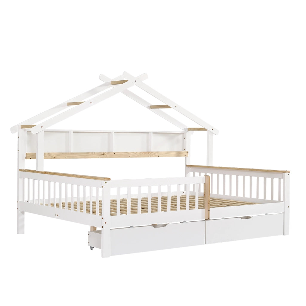Letto a castello per bambini con protezione anti-caduta - Zephmum - Design tetto unico, 2 scaffali, 2 cassettoni, bianco/naturale, 140x200 cm