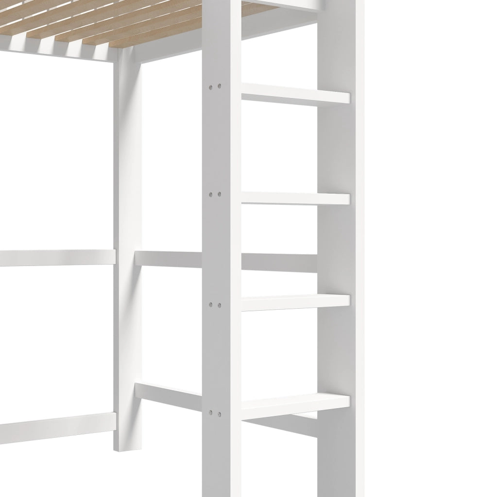 Letto a soppalco 90x200 cm con scrivania; cassetti e vani aperti in legno e MDF bianco