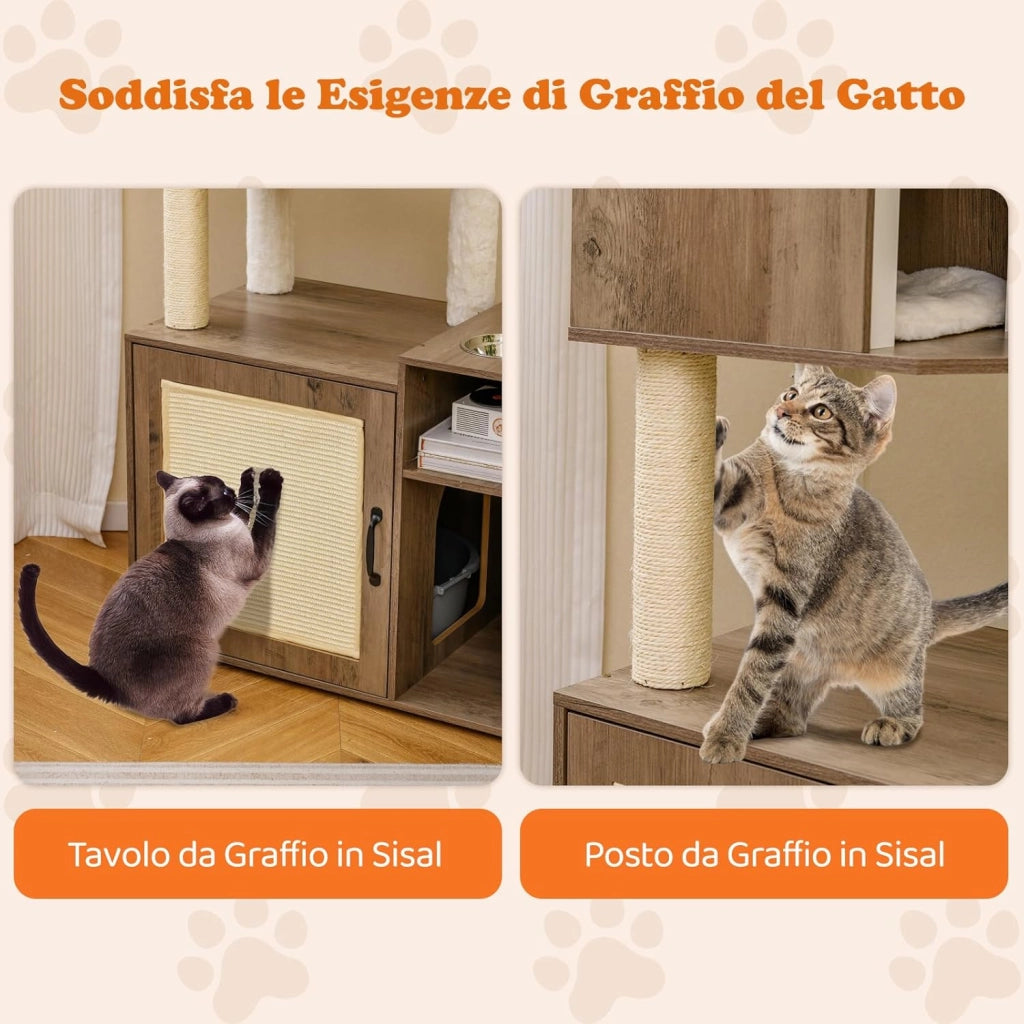 Mobiletto per Lettiera per Gatti, Tiragraffi per Gatti con Posto Graffio in Sisal e Tappetino, Pallina Pendenti, Toilette Nascosta e 2 Ciotole per Cibo, Mobili Moderni per Gattini (Grigio)