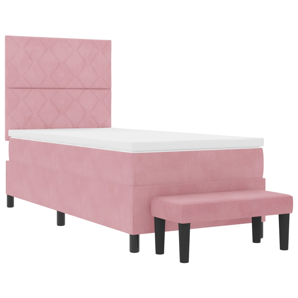 Letto a molle con materasso e panchina rosa 90x200 cm velluto