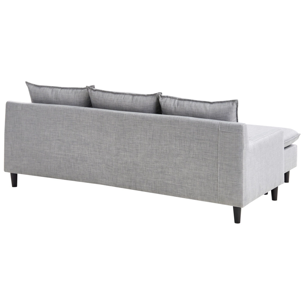 Divano ad angolo Rivestimento in tessuto grigio chiaro Gambe in legno scuro Chaise longue a 3 posti a versione sinistra Cuscino schienale