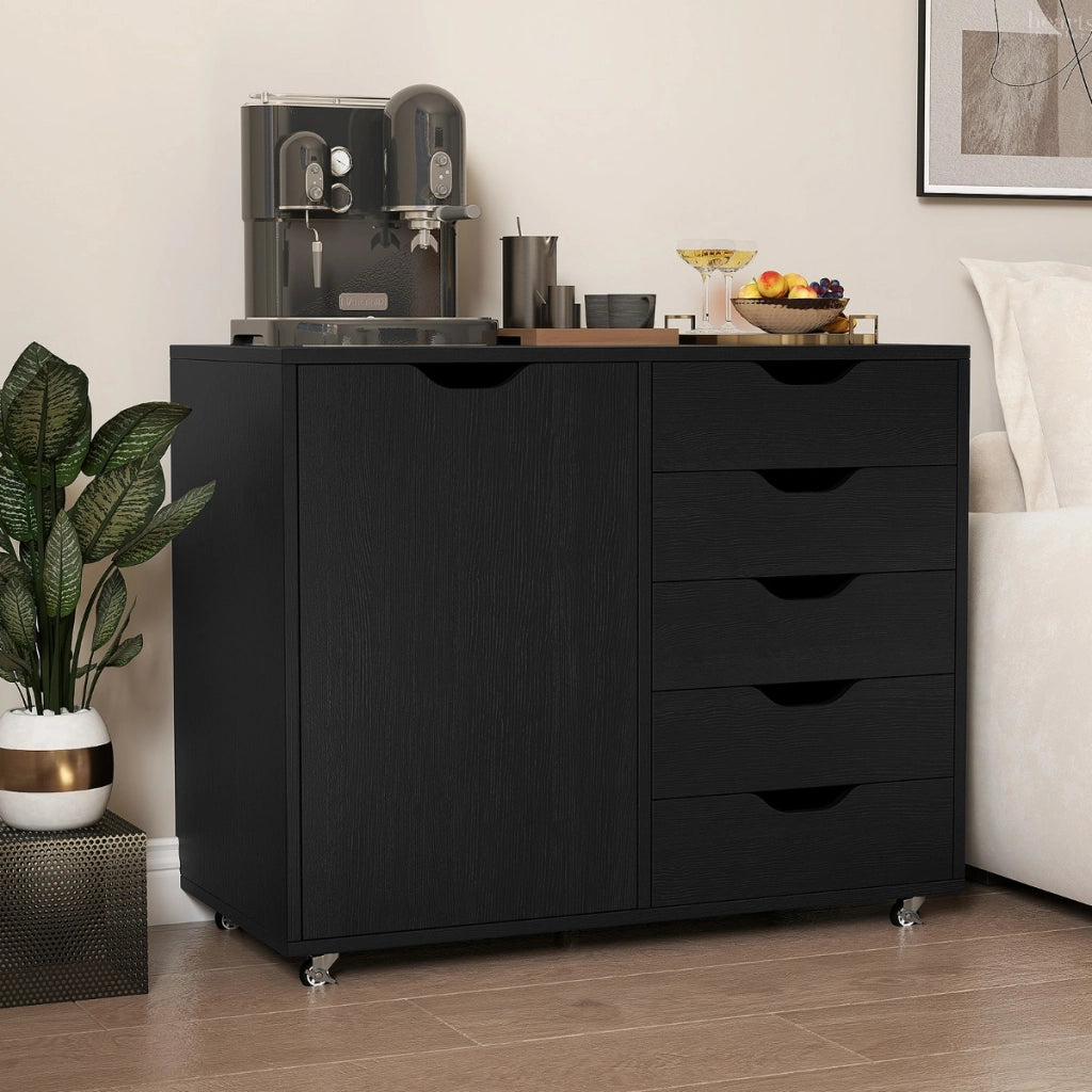 Mobiletto con 5 cassetti e anta per ufficio a casa, Carrello con ripiano regolabile e 5 rotelle Nero