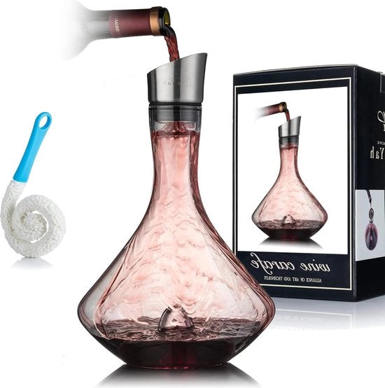 Karaf per vino rosso con decantatore interno, illuminazione e filtro, in vetro cristallo soffiato a mano, con tappo di acciaio inossidabile per doni - 100% libero da piombo