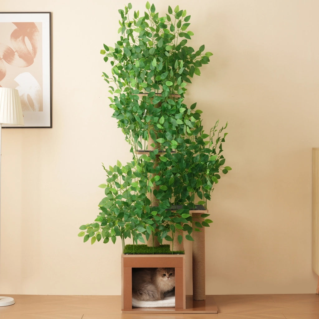 Tiragraffi Albero 190 Cm a Forma di Albero con 4 Piattaforme; Foglie Rimovibili; Antiribaltamento in MDF Verde