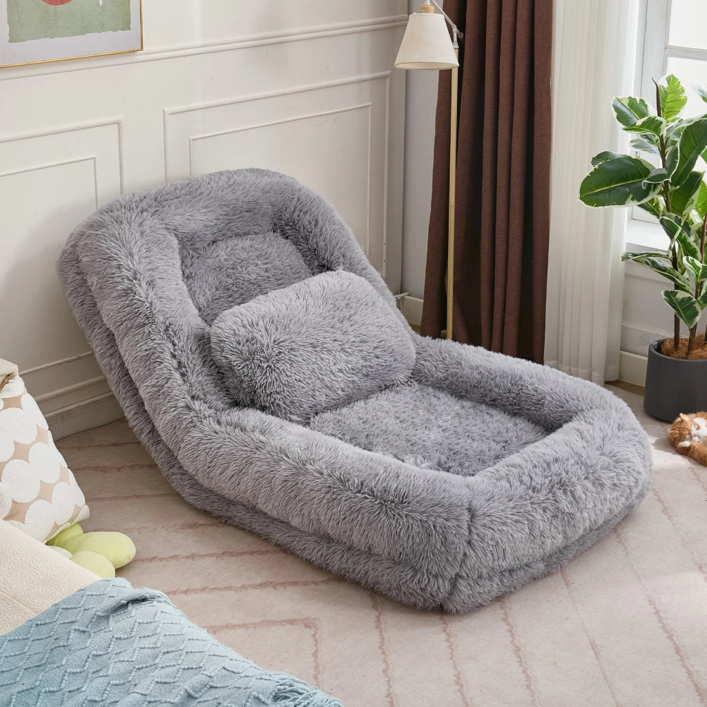 Divano convertibile da pavimento con schienale regolabile a 5 posizioni e cuscino in tessuto peluche grigio chiaro