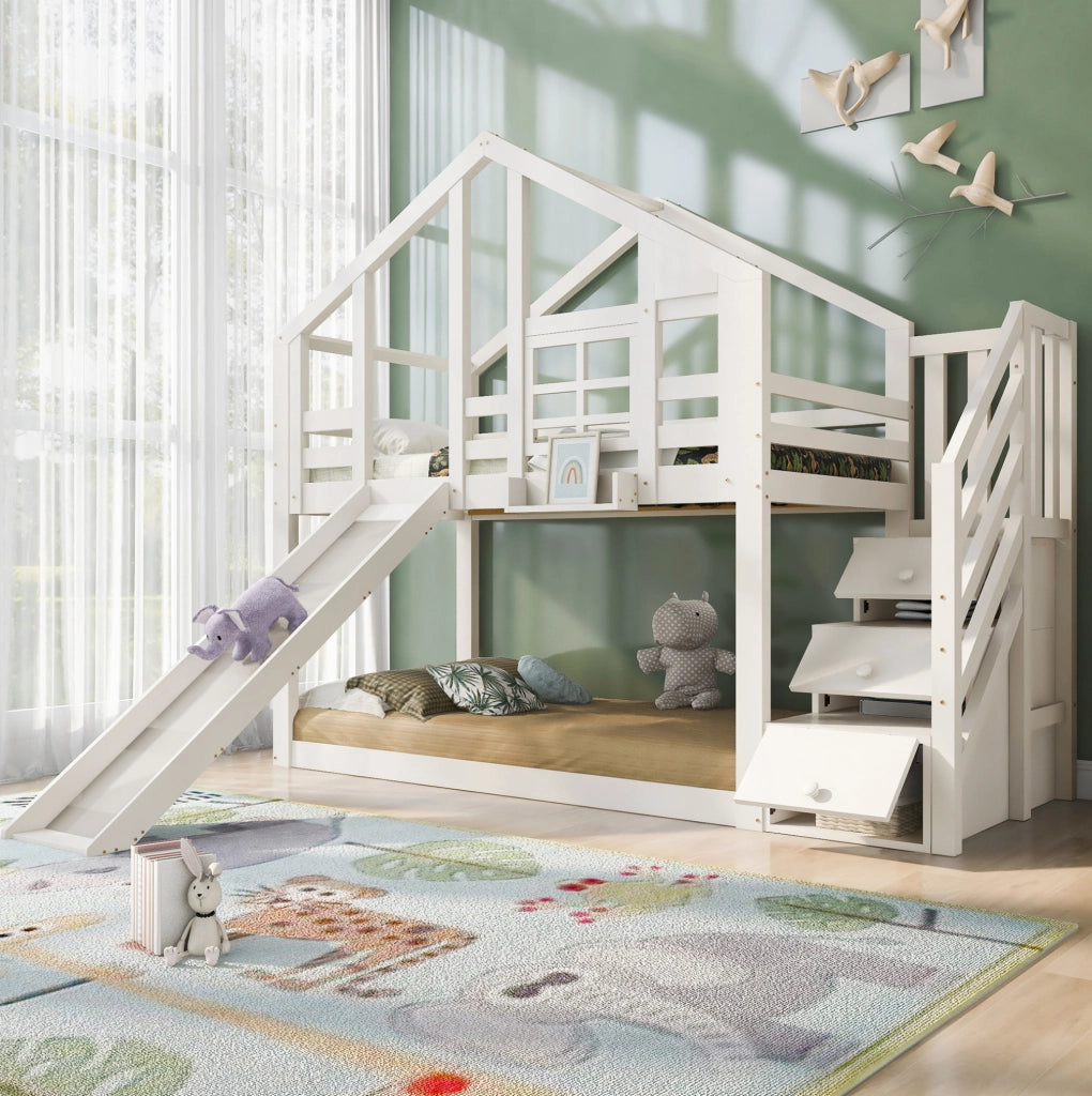 Letto a castello per bambini a casetta con scivolo 90x200 cm in legno massello e MDF; bianco