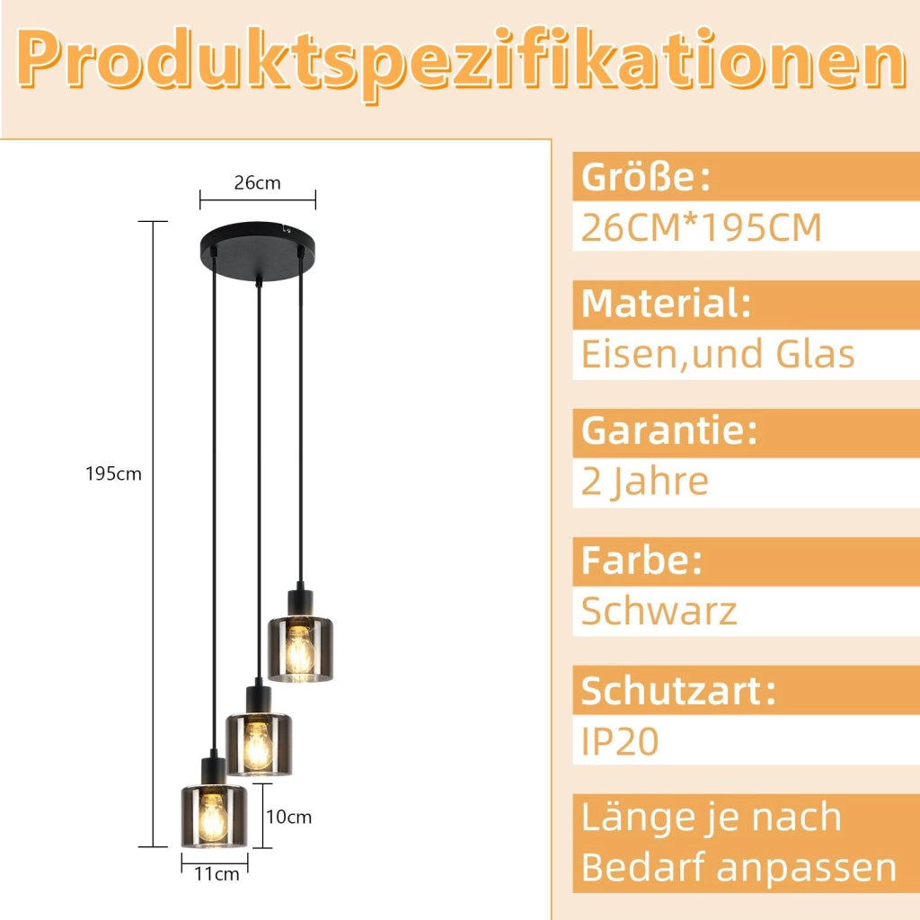 Lampada a Sospensione ZMH vetro nero E27 diametro 26 cm vintage industriale regolabile per soggiorno