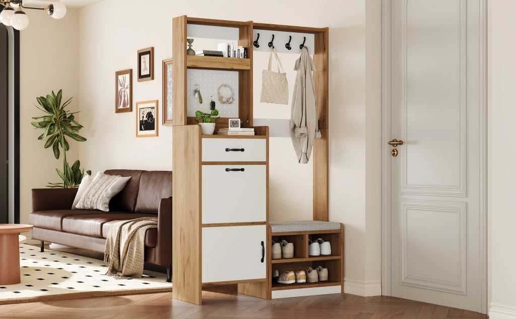 Mobile da ingresso con scarpiera, panca e vani aperti, 1 cassetto, in truciolato bianco e rovere 108.5 × 35 × 180 cm