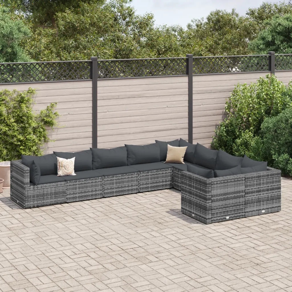 Set Divano da Giardino 9 pz con Cuscini Grigio in Polyrattan