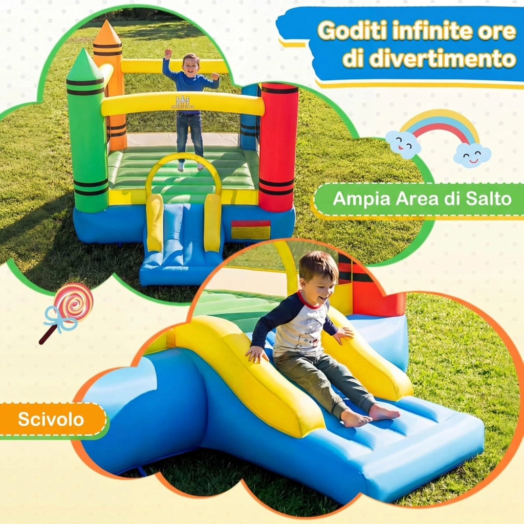 Castello Gonfiabile per Bambini, Casa Gonfiabile con Salto e Scivolo, Borsa di Trasporto e Kit di Riparazione, per 2 Bambini 3-12 Anni, Adatto per Esterno e Interno