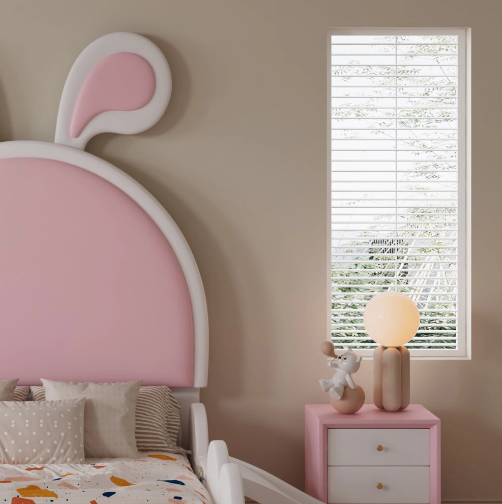 Letto imbottito per bambini con scivolo, scaletta e orecchie da coniglio, 90x200 cm