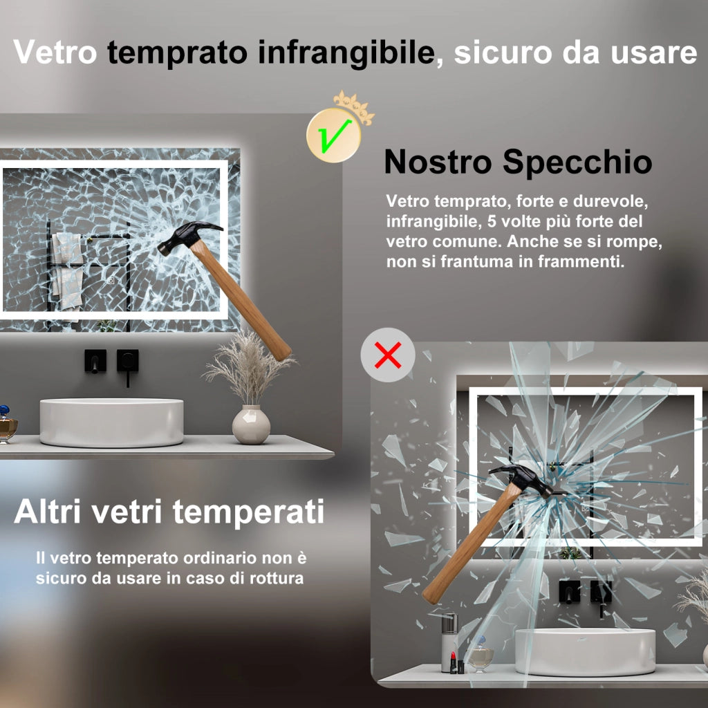 AICA Specchio da bagno  70 x 50 cm, dimmerabile, interruttore touch, Funzione Memoria, antiappannamento, 3 colori