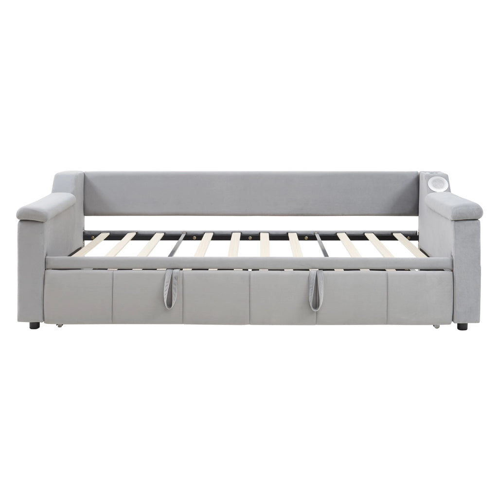 Divano letto 90x190 trasformabile in 180x190; velluto grigio chiaro con Bluetooth e USB