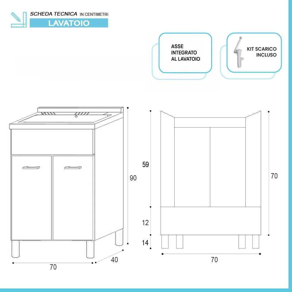 Mobile lavatoio 70x40 cm bianco opaco con vasca in abs con strofinatoio integrato e kit di scarico Medea
