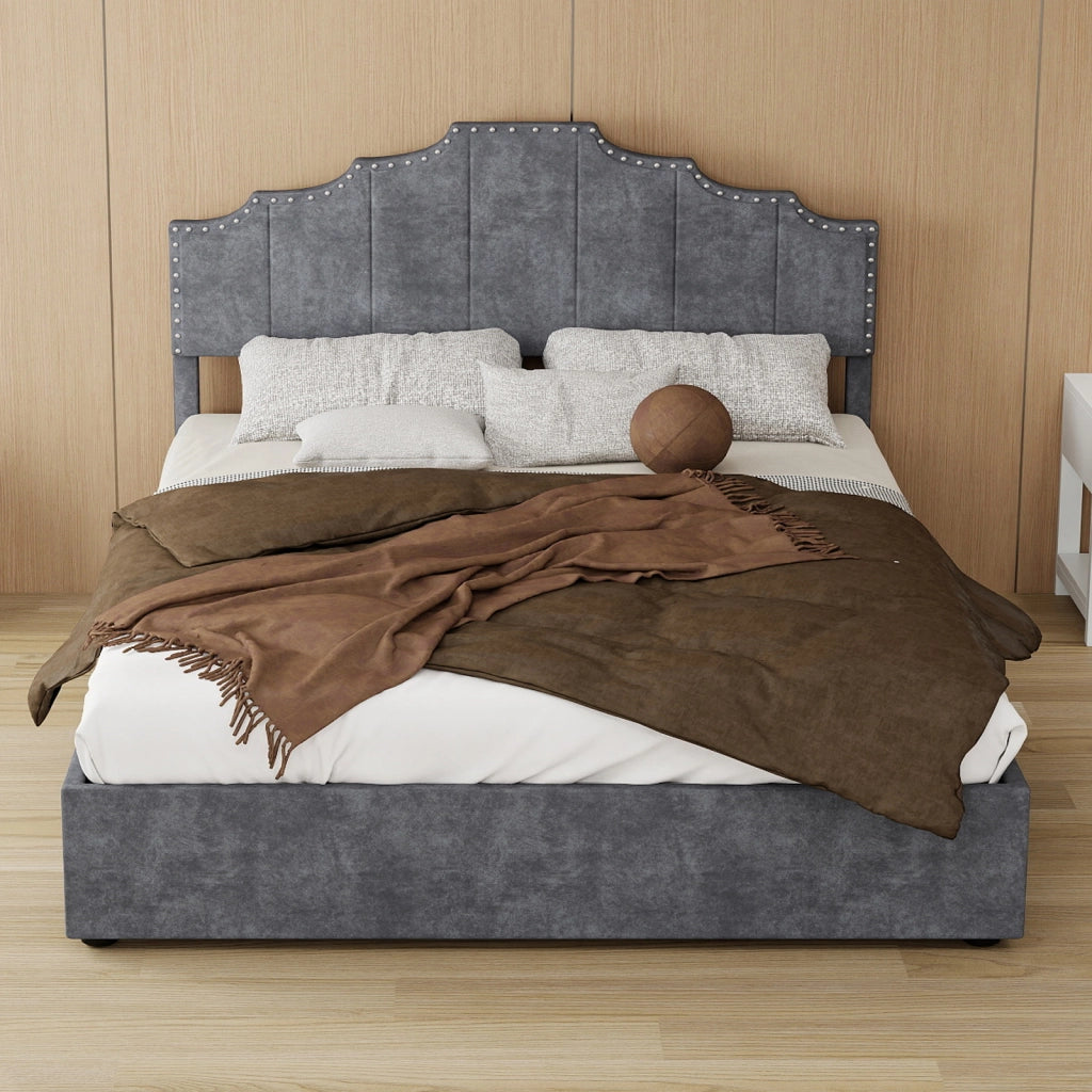 DESMIU Letto 140 × 200 cm 2 posti con testiera geometrica e materasso incluso, in velluto grigio