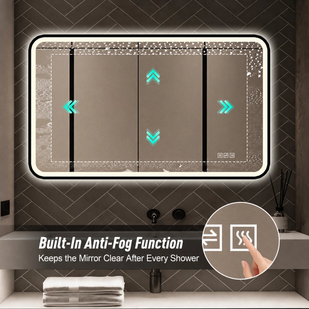 Specchio luminoso da bagno con antiappannamento, 3 luci, dimmerabile e memoria, alluminio nero 111 × 71 cm
