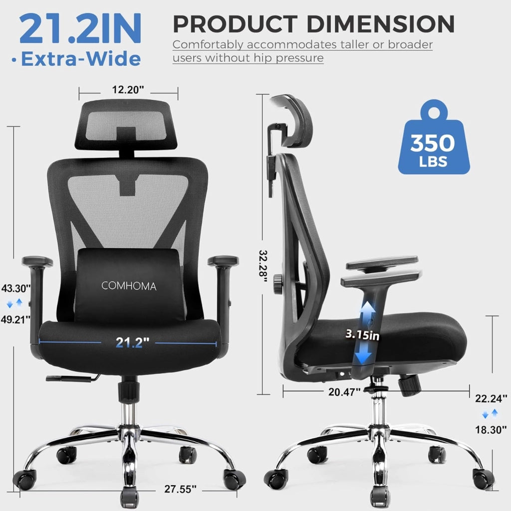 Sedia da ufficio ergonomica, con poggiatesta 3D e supporto lombare 3D, braccioli regolabili, sedia da ufficio con funzione basculante e ribaltabile