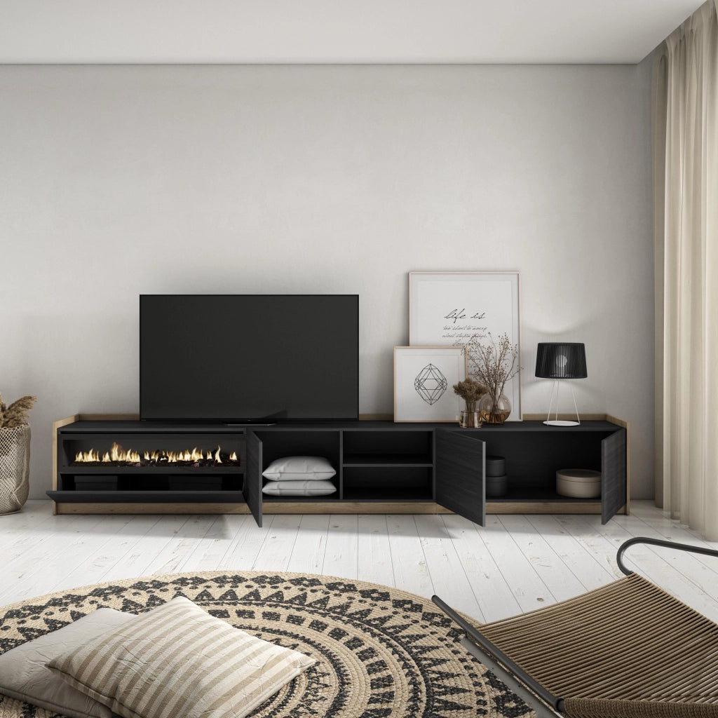 Mobile TV Soggiorno, 310x50x37 cm, Per TV fino a 80", Camino elettrico, Nero e rovere