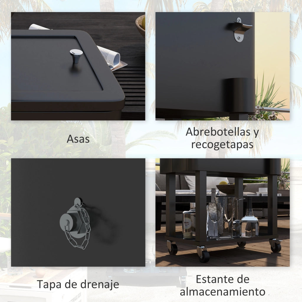 Carrello Portaghiaccio con Ruote e Portabottiglie 56L per Esterno ¨C zephmum ¨C 67x35x80 cm Nero