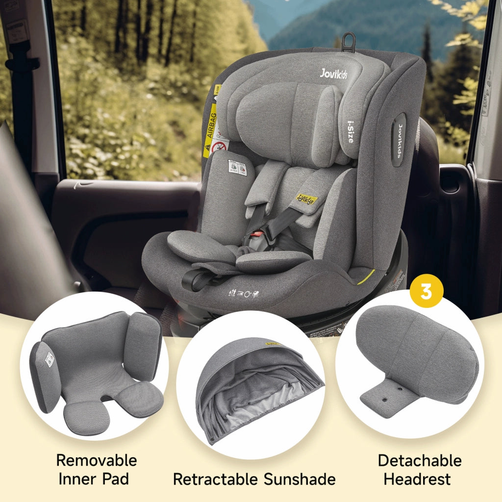 Seggiolino auto per bambini girevole 360° con ISOFIX e supporto reclinabile, cappottina in tessuto nero