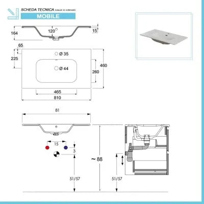 Lavabo da incasso 80x46 cm in ceramica bianco lucido