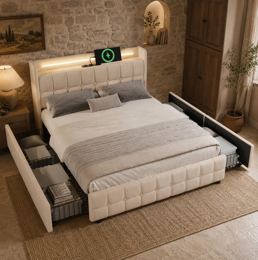Letto matrimoniale 140x200 cm beige con prese USB; LED e 4 cassetti contenitore